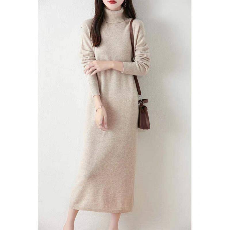 Kleid mit hohem Revers für Damen, gestrickt, gerader Schlauch, lockerer, schmaler Saum, Pulloverkleid über dem Knie, mittellanger Kaschmirrock 2XL von Joom DACH