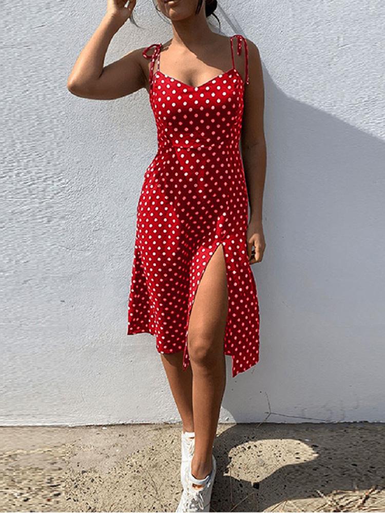 Kleider Sommerkleid Sommer Frauen Kausalen Polka Dot Ärmellose Hohe Plissee elastische taille V-ausschnitt Strand Kleid Vestidos De Verano XL von Joom DACH