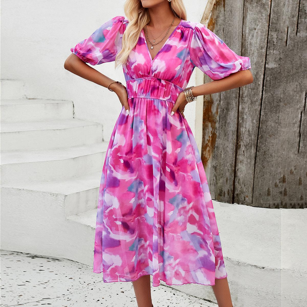Kleider für Damen Frühling und Sommer Urlaub Print Taille V-Ausschnitt Chiffon Kurzarm Langer Rock M von Joom DACH