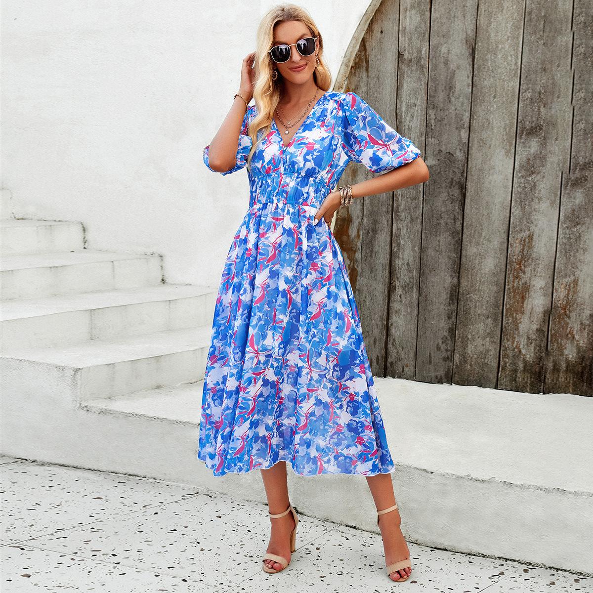 Kleider für Damen Frühling und Sommer Urlaub Print Taille V-Ausschnitt Chiffon Kurzarm Langer Rock S von Joom DACH
