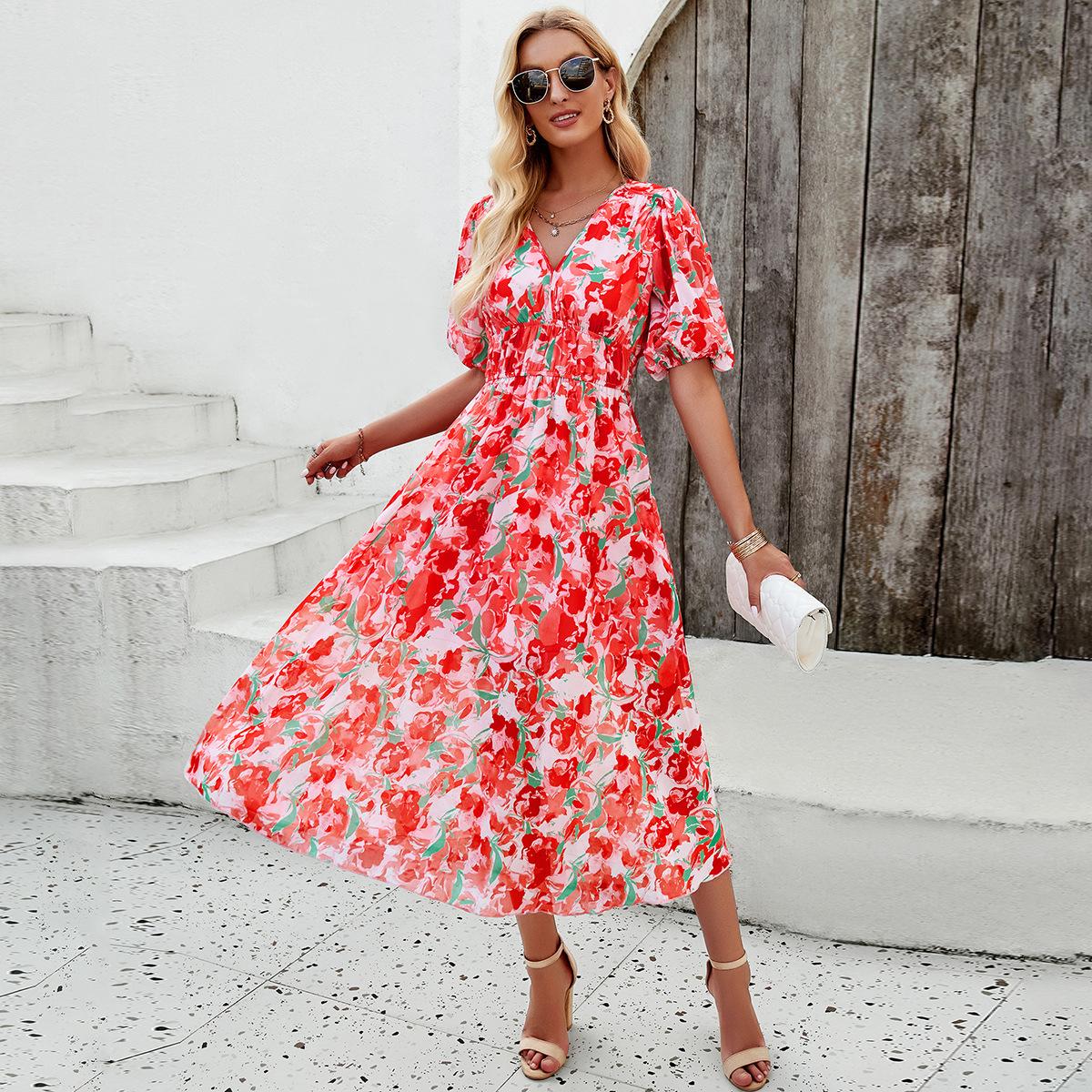 Kleider für Damen Frühling und Sommer Urlaub Print Taille V-Ausschnitt Chiffon Kurzarm Langer Rock S von Joom DACH