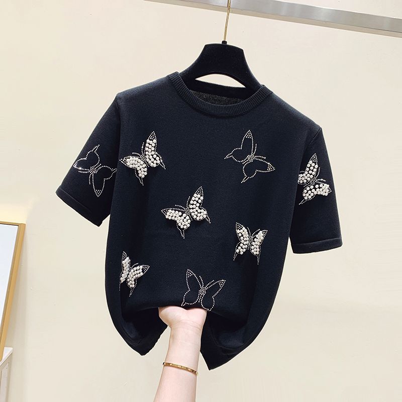 Kleidung für Damen, Sommermode, Strass-Perlen, schickes Strick-T-Shirt aus Eisseide, elegant, O-Ausschnitt, kurzärmelig, lockere Pullover-Oberteile XL schwarz Kleidung für Damen, Sommermode, Strass-Perlen, schickes Strick-T-Shirt aus Eisseide, elegant, O-Ausschnitt, kurzärmelig, lockere Pullover-Oberteile XL schwarz von Joom DACH
