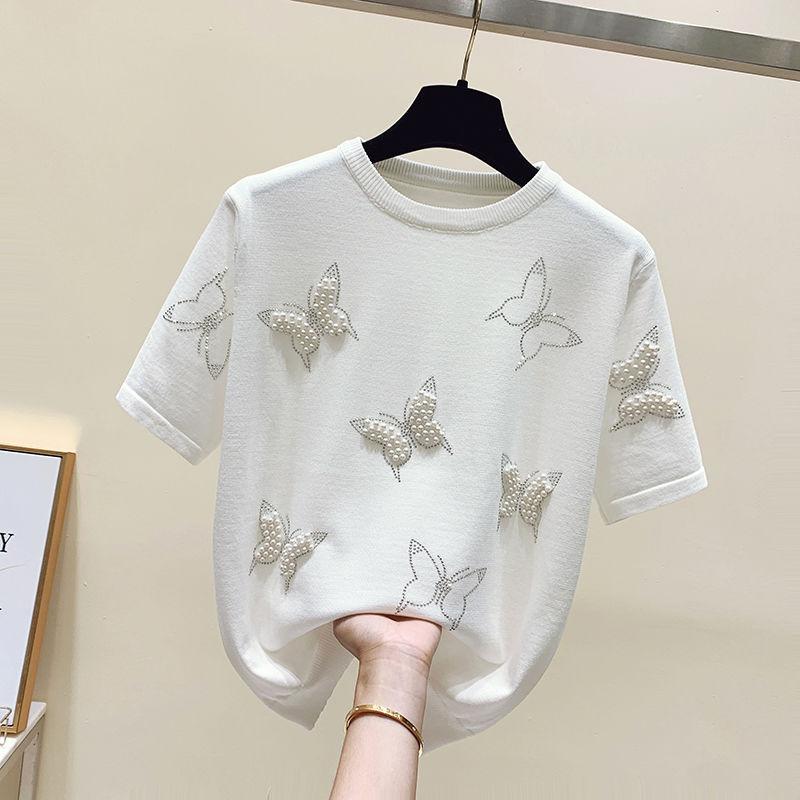Kleidung für Damen, Sommermode, Strass-Perlen, schickes Strick-T-Shirt aus Eisseide, elegant, O-Ausschnitt, kurzärmelig, lockere Pullover-Oberteile XL weiß Kleidung für Damen, Sommermode, Strass-Perlen, schickes Strick-T-Shirt aus Eisseide, elegant, O-Ausschnitt, kurzärmelig, lockere Pullover-Oberteile XL weiß von Joom DACH