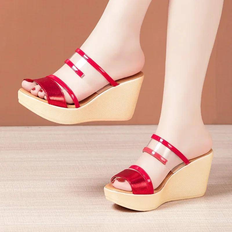 Kleine Größe 35-40 Klobige Plateau-Keilschuhe Klare Transparente Pantoletten Sommer Damen High Heels Slides Büro Strand Mama 36 rot von Joom DACH