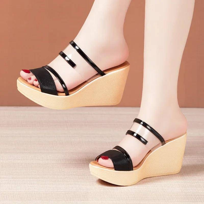 Kleine Größe 35-40 Klobige Plateau-Keilschuhe Klare Transparente Pantoletten Sommer Damen High Heels Slides Büro Strand Mama 40 schwarz von Joom DACH