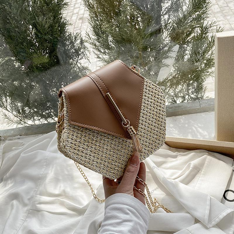 Kleine Stroh Damen Tasche Damen Kette Umhängetaschen Handgemachte Strand Umhängetaschen Stricken Geldbörse 12*6*18cm von Joom DACH