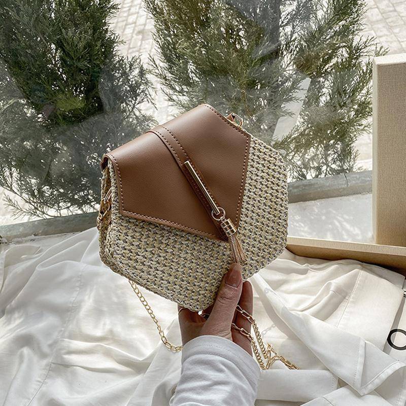 Kleine Stroh Damen Tasche Damen Kette Umhängetaschen Handgemachte Strand Umhängetaschen Stricken Geldbörse 12*6*18cm von Joom DACH