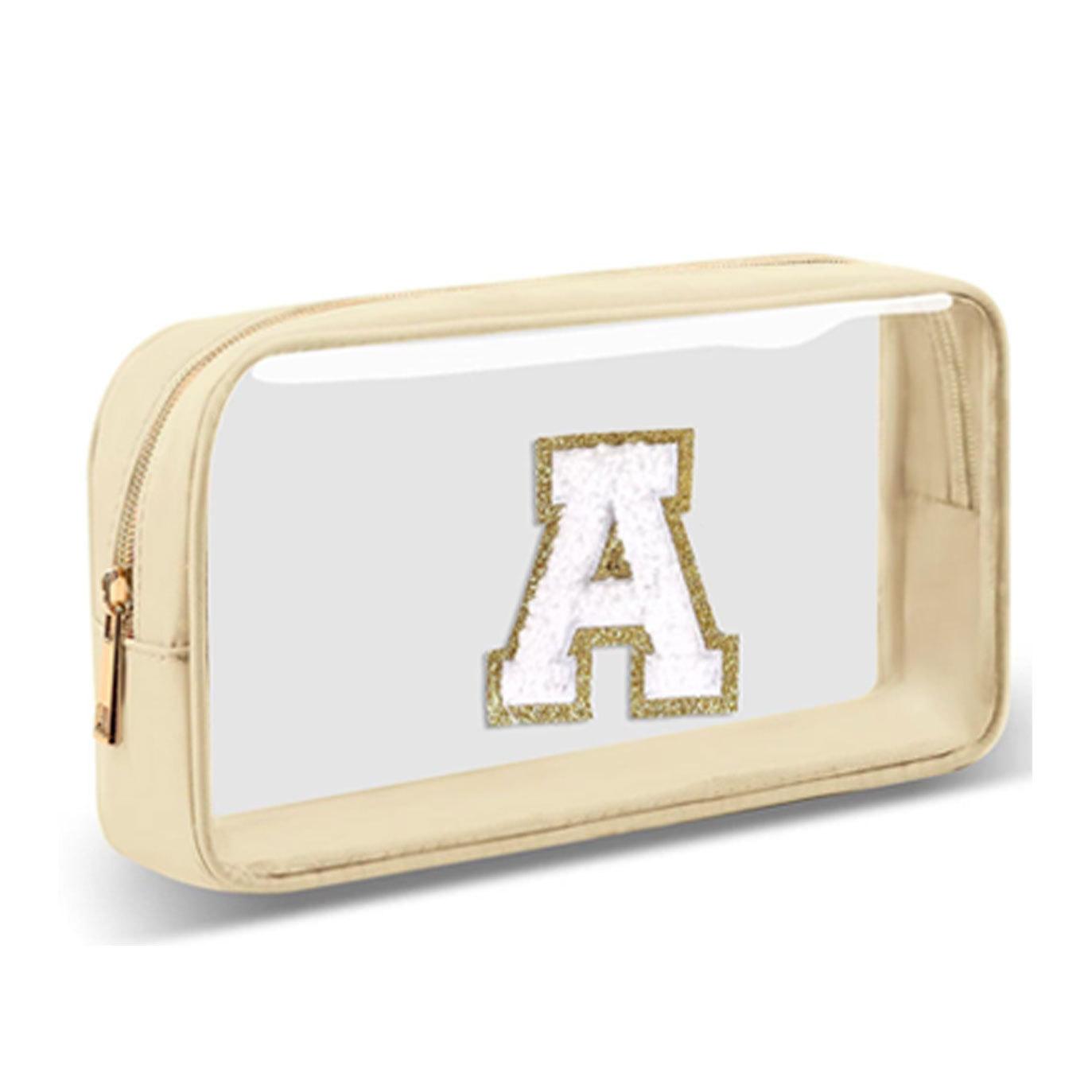Kleine transparente personalisierte Make-up-Tasche mit Initialbuchstaben, A-Z Chenille-Aufnäher Preppy Nylon-Kosmetiktasche mit Reißverschluss, TSA-zugelassen A beige von Joom DACH