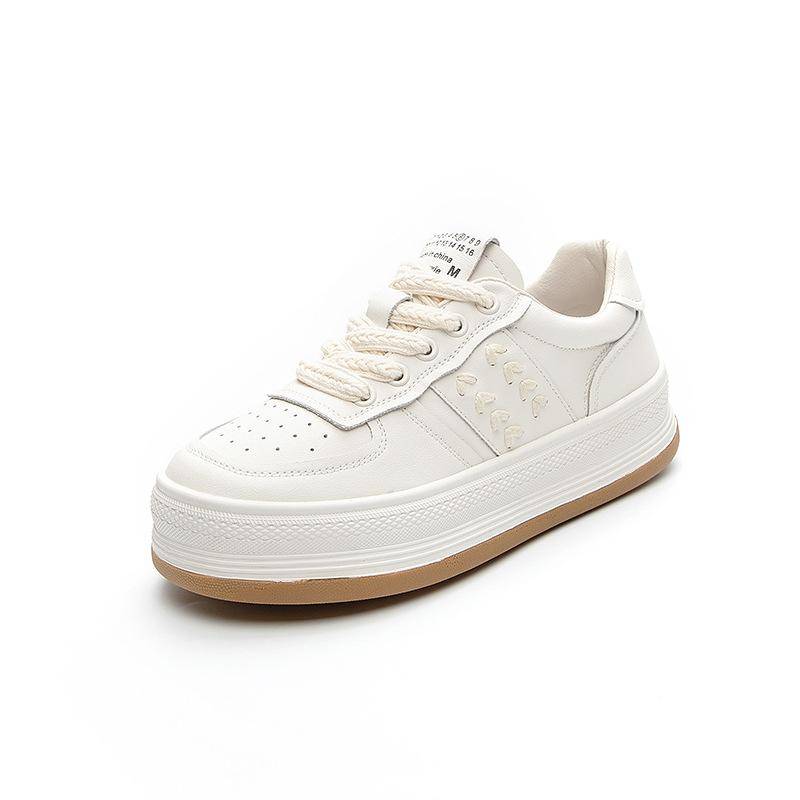 Kleine weiße Schuhe Damen Neue All-Match-Leder-Schnürschuhe mit Weizenährenbrot-Schuhen Lässige Sportschuhe Dickbesohlte Erhöhungs-Sneakers 38 weiß von Joom DACH
