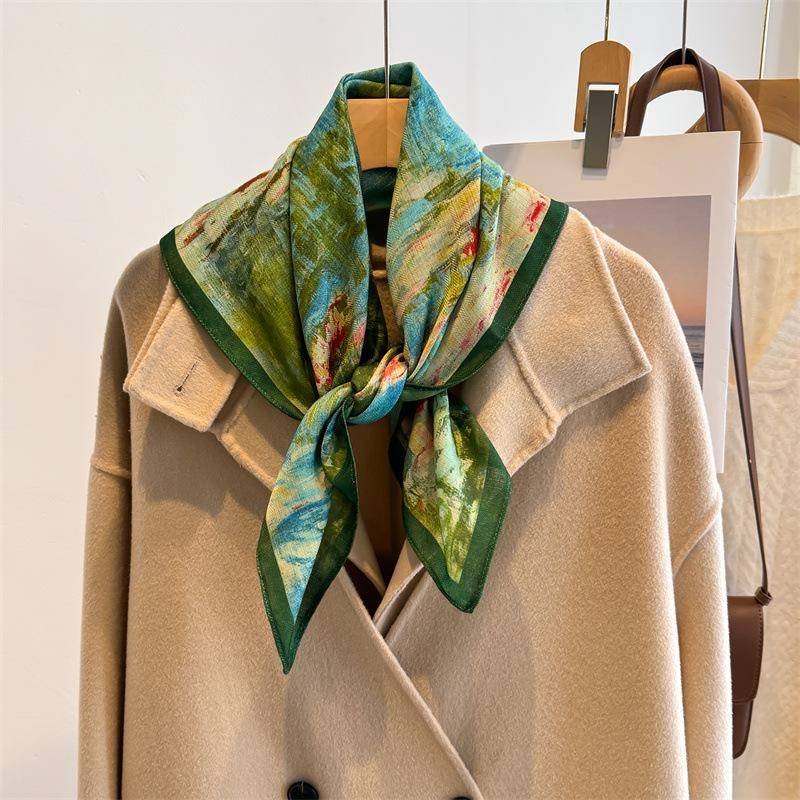 Kleiner quadratischer Schal mit künstlerischem Ölgemälde für Damen – Halsdekorationsschal für Frühling und Herbst 70x70 cm grün von Joom DACH