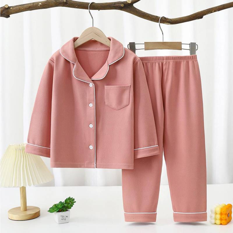 Kleinkind Baby Kinder Unisex Casual Pyjama Anzug Junge Langarm Fronttasche Revers Tops + Lange Hosen Mädchen Pyjama Sets 1-16 Jahre 120 dunkel rosa von Joom DACH