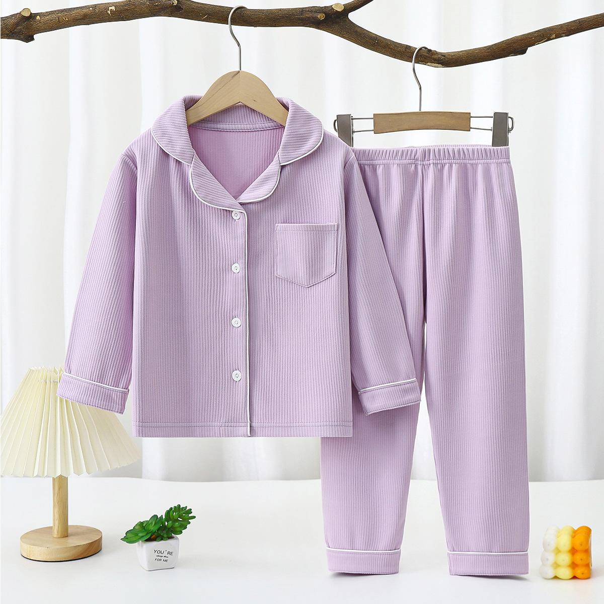 Kleinkind Baby Kinder Unisex Casual Pyjama Anzug Junge Langarm Fronttasche Revers Tops + Lange Hosen Mädchen Pyjama Sets 1-16 Jahre 120 violett von Joom DACH