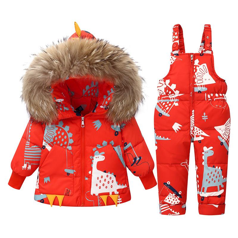 Kleinkind Baby Winter Daunen Schneeanzug Set – Cartoon Dinosaurier Pelz Kapuzenmantel und Schneehose für Jungen Mädchen 90 rot von Joom DACH