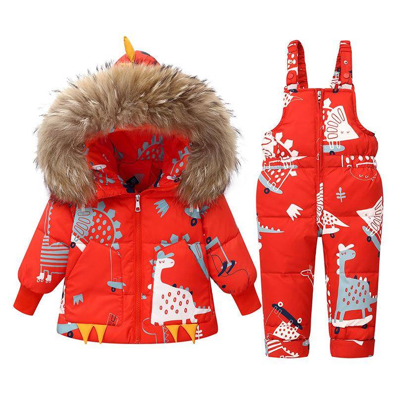 Kleinkind Baby Winter Daunen Schneeanzug Set – Cartoon Dinosaurier Pelz Kapuzenmantel und Schneehose für Jungen Mädchen 90 rot von Joom DACH