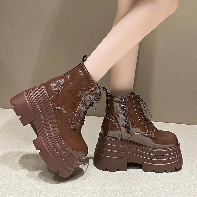 Klobige High Platform Combat Boots für Damen Winter Warme Plüsch Stiefeletten Frau Punk Dicke Sohle Lederschuhe Botas Mujer 39 dunkelbraune von Joom DACH