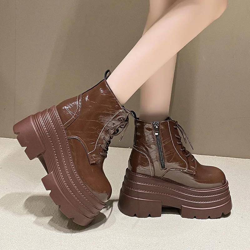 Klobige High Platform Combat Boots für Damen Winter Warme Plüsch Stiefeletten Frau Punk Dicke Sohle Lederschuhe Botas Mujer 39 dunkelbraune von Joom DACH