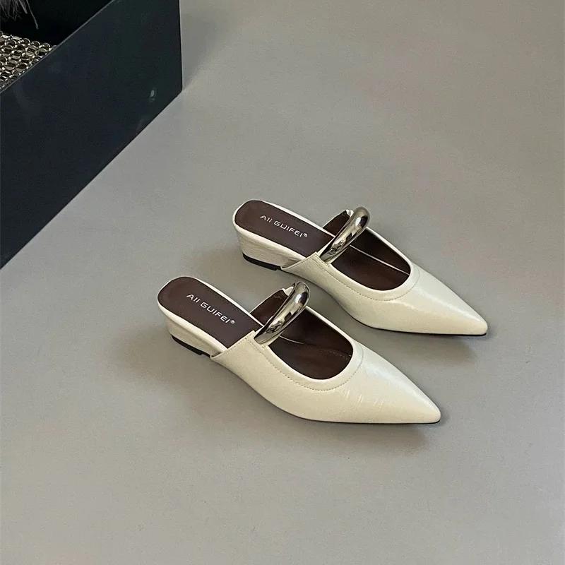 Klobige Slipper mit spitzer Zehenpartie Damen Metallschnalle Retro Pantoletten Damen Bequem Mode Niedriger Absatz Sandalen Designer Mules Pumps Damen 38 apricot von Joom DACH