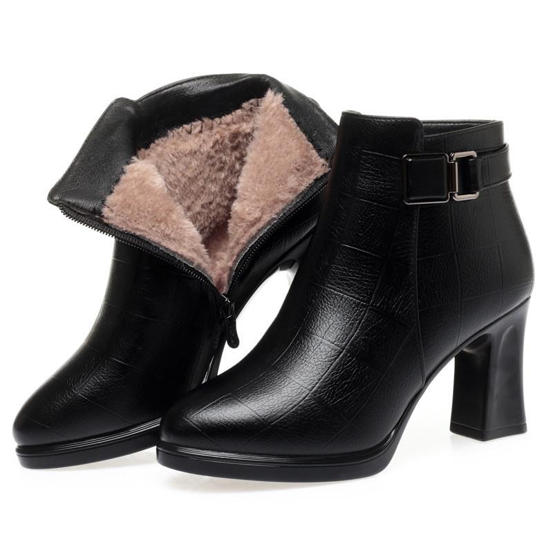 Klobige Stiefeletten mit spitzer Zehenpartie für Damen, Winterwarm, aus weichem Leder, mit seitlichem Reißverschlussdesign, elegantem hohem Absatz, modische Schneestiefel 36 von Joom DACH