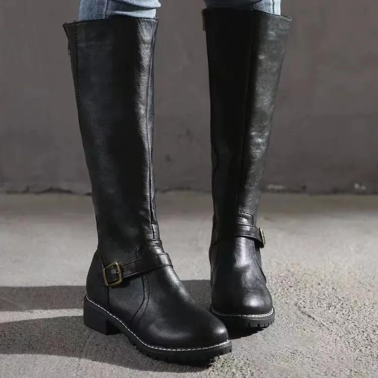Kniehohe Stiefel aus Leder für Damen, mit Schnalle, lange Ritterstiefel, Springerstiefel für Damen, Schuhe mit niedrigem Absatz, Übergröße 43 43 schwarz von Joom DACH