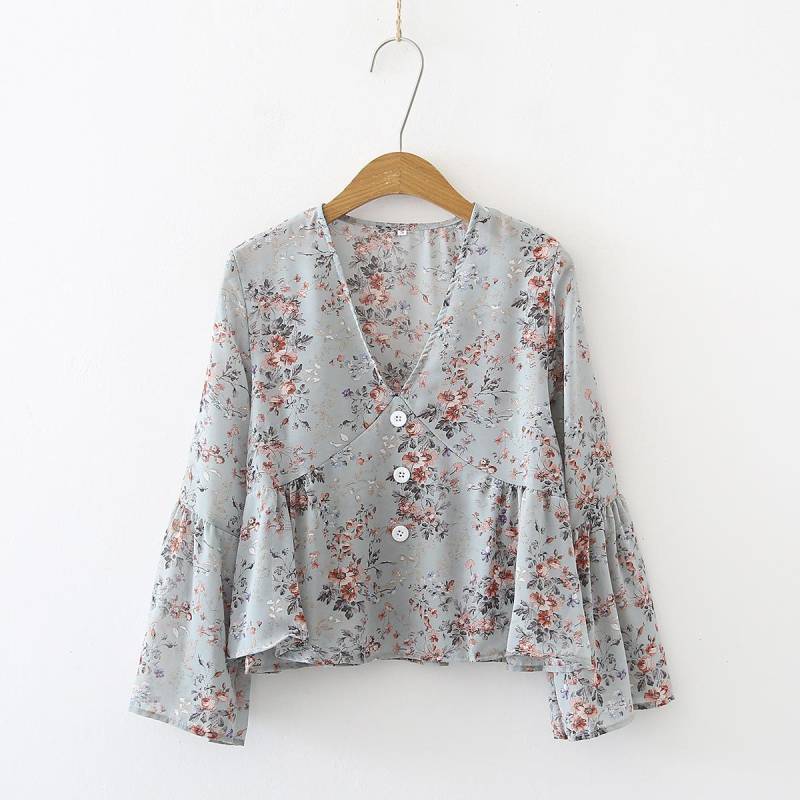 Knopfleiste Rock Puppenoberteil Retro Floral V-Ausschnitt Trompetenärmel Chiffonbluse für Damen M grün von Joom DACH