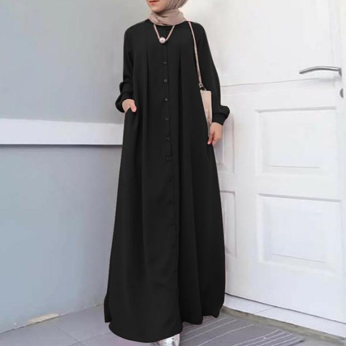 Knopfleiste vorne, Kaftan-Robe, langärmeliges Hemd, Tasche, Damen-Maxikleid, Robe, Modelle aus dem Nahen Osten, muslimischer Stil, bescheidene Kleidung, Herbst 5XL von Joom DACH