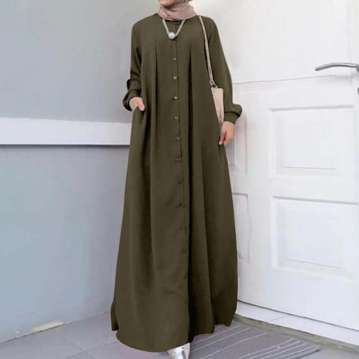 Knopfleiste vorne, Kaftan-Robe, langärmeliges Hemd, Tasche, Damen-Maxikleid, Robe, Modelle aus dem Nahen Osten, muslimischer Stil, bescheidene Kleidung, Herbst M von Joom DACH
