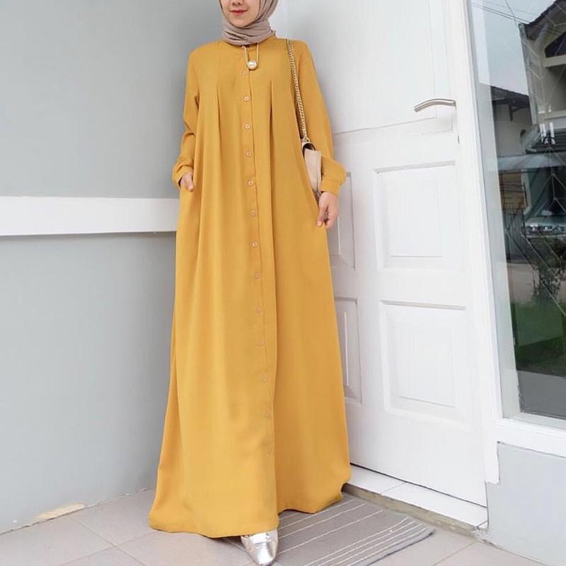 Knopfleiste vorne, Kaftan-Robe, langärmeliges Hemd, Tasche, Damen-Maxikleid, Robe, Modelle aus dem Nahen Osten, muslimischer Stil, bescheidene Kleidung, Herbst XL von Joom DACH