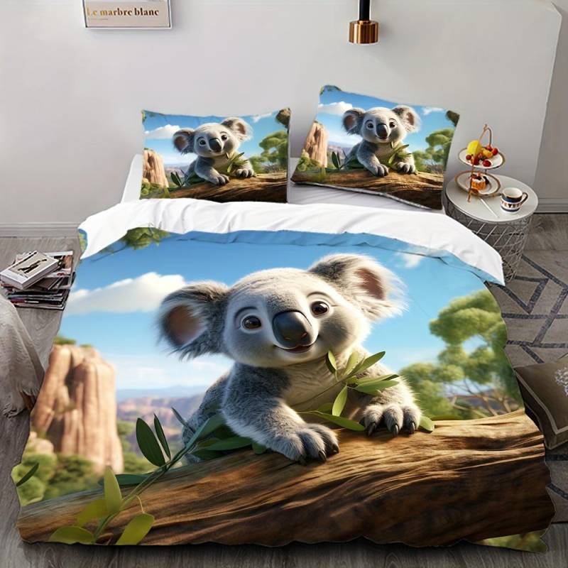 Koala Bettwäsche-Set 2/3-teilig Digitaldruck 3D-Muster Weicher Hautfreundlicher Polyesterbezug, Bettbezug mit Kissenbezügen, Tiermotiv EU Single 135x200cm von Joom DACH
