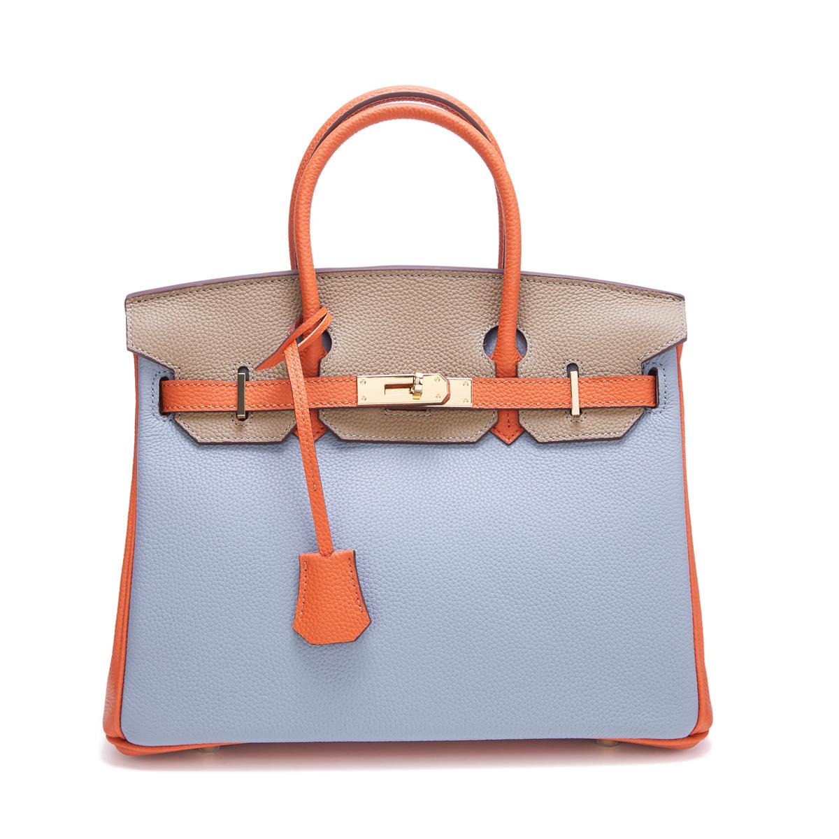 Kontrast farbe leder litschi korn kopf schicht rindsleder große kapazität handtasche mode passenden farb einzelnen schulter umhängetasche frau 25x10x19cm von Joom DACH