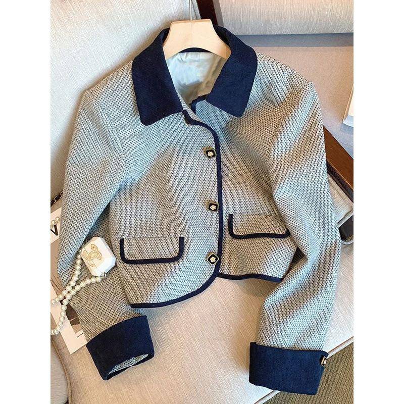 Kontrastfarbene Jacke im Stil kleiner Duft für Damen in Frühling und Herbst Modische kleine koreanische Temperament-Casual-Revers-Kurzjacke L von Joom DACH