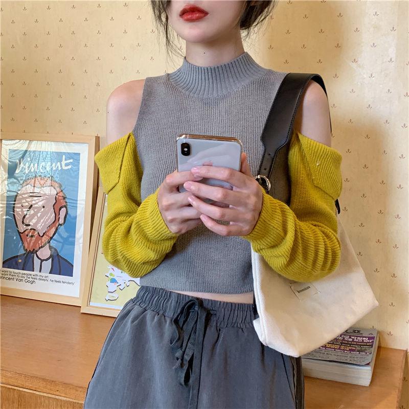 Kontrastfarbiger schulterfreier kurzer Strickpullover Langarm-Oberteil Slim Cropped Unterhemd Frühling und Herbst Mode-Oberteil XL von Joom DACH