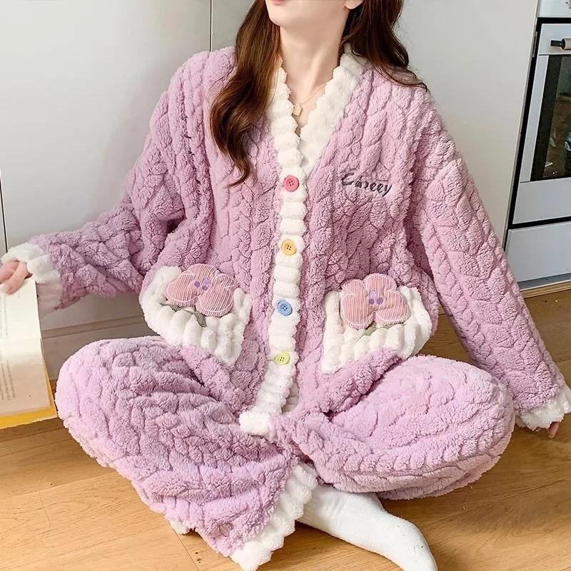 Korall-Samt Mond Kleidung Herbst Winter Postpartal Schwangerschaft Schwangere Frauen Pyjama Dick und Samt Umstandsmode Pflegeheim Set 3XL violett von Joom DACH