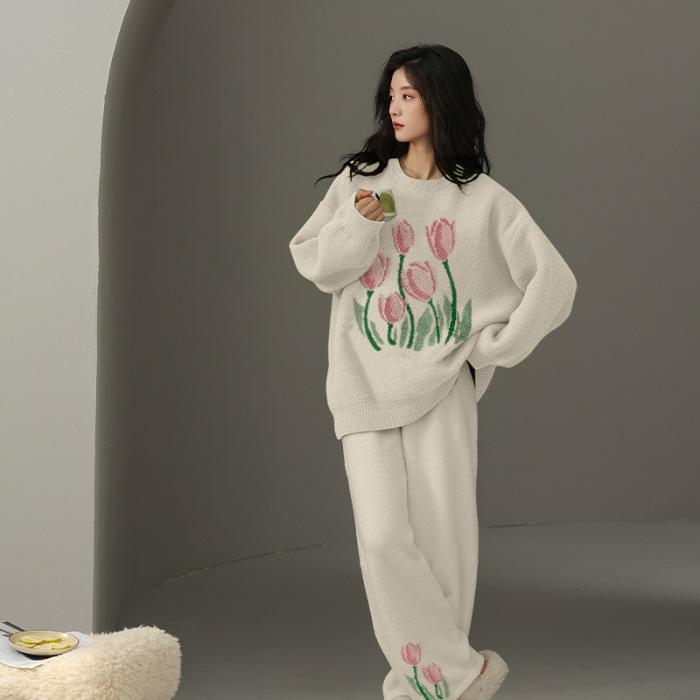 Korall-Samt Pyjama Damen Herbst Winter Kaschmir und Dick Damen Können Tragen Warmes Hausbekleidungsset Kann Draußen Getragen Werden Nachtwäsche 3XL von Joom DACH