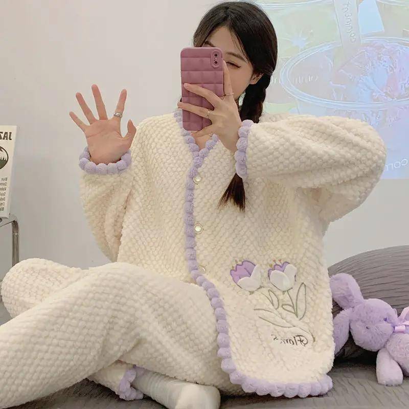 Korall-Samt Pyjamas Damen Herbst Winter Homewear Sets Flanell Plüsch Dickes Nachthemd Anzug Isolierung Weiblich Pijamas Hauskleidung 2XL von Joom DACH