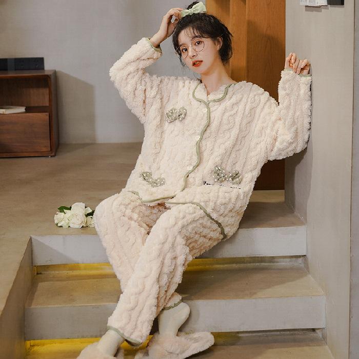 Korallen Fleece Verdickt Pyjamas Frauen Herbst Winter Plüsch Hinzugefügt Süße Nette Rosa Mädchen Flanell Hause Kleidung Set Casual Nachtwäsche 2XL von Joom DACH