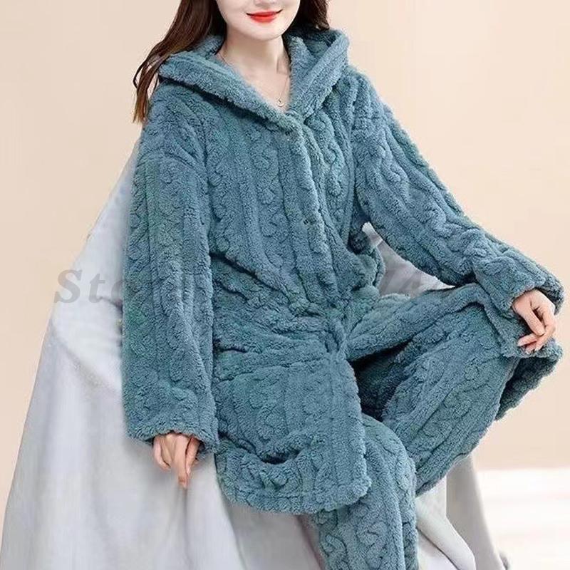 Korallenfleece-Kapuzen-Warm-Home-Wear-Set Neue Nachtwäsche Herbst-Winter-Nachthemd Flanell Intime Dessous Nachtwäsche Schlafhosen XL von Joom DACH