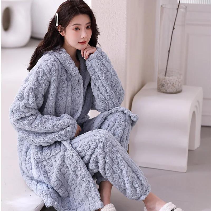 Korallenfleece-Kapuzen-Warm-Home-Wear-Set Neue Nachtwäsche Herbst-Winter-Nachthemd Flanell Intime Dessous Nachtwäsche Schlafhosen XL von Joom DACH