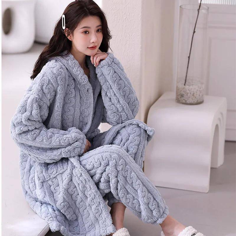Korallenfleece-Kapuzen-Warm-Home-Wear-Set Neue Nachtwäsche Herbst-Winter-Nachthemd Flanell Intime Dessous Nachtwäsche Schlafhosen XL von Joom DACH