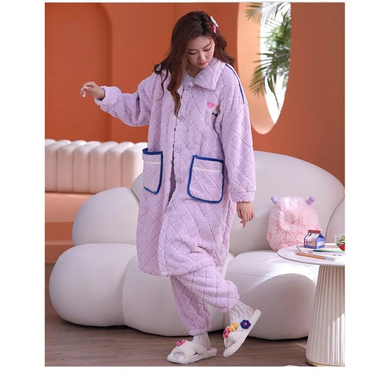 Korallenfleece-Pyjama-Set für Damen, Herbst/Winter, mittellange Nachthemdhose, schlicht, verdickter warmer Bademantel, süßes, süßes Nachthemd XL violett von Joom DACH