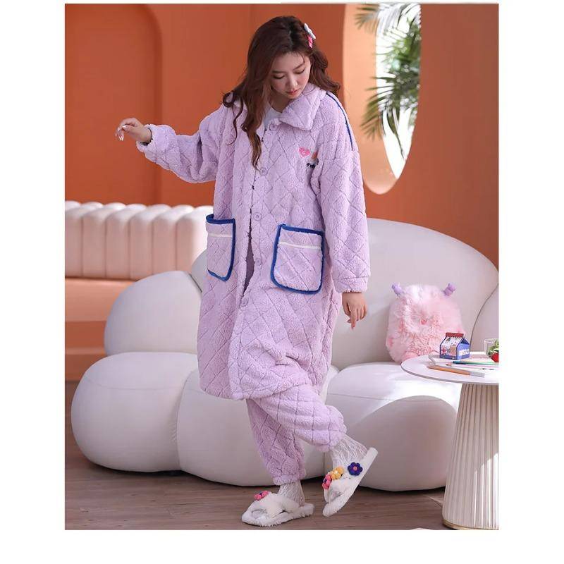Korallenfleece-Pyjama-Set für Damen, Herbst/Winter, mittellange Nachthemdhose, schlicht, verdickter warmer Bademantel, süßes, süßes Nachthemd XL violett von Joom DACH