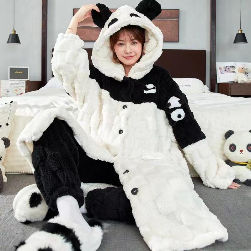 Korallensamt-Pyjama-Set für Damen, süßer und niedlicher langer Pyjama-Set für den Winter, Homewear, Pyjama mit Kapuze M von Joom DACH