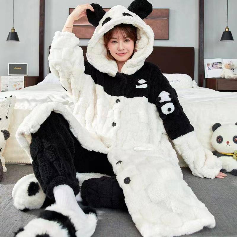 Korallensamt-Pyjama-Set für Damen, süßer und niedlicher langer Pyjama-Set für den Winter, Homewear, Pyjama mit Kapuze M von Joom DACH