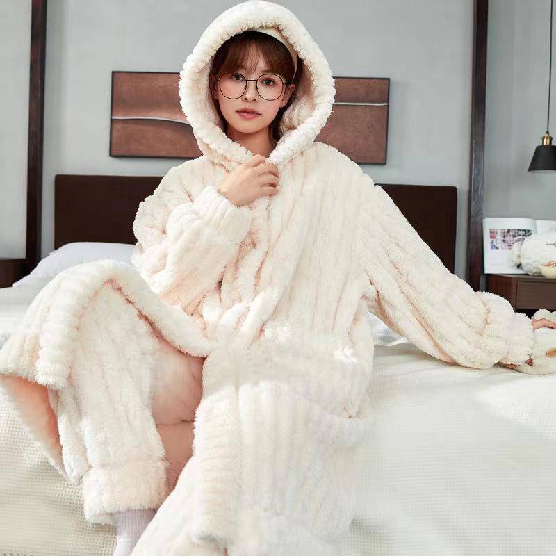 Korallensamt-Pyjama-Set für Damen, süßer und niedlicher langer Pyjama-Set für den Winter, Homewear, Pyjama mit Kapuze M von Joom DACH