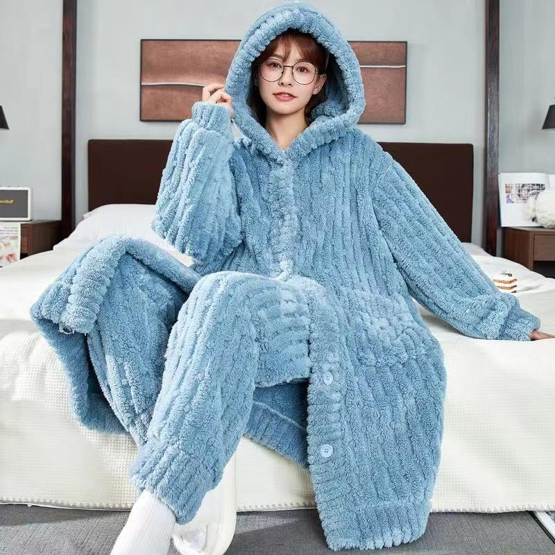Korallensamt-Pyjama-Set für Damen, süßer und niedlicher langer Pyjama-Set für den Winter, Homewear, Pyjama mit Kapuze M von Joom DACH