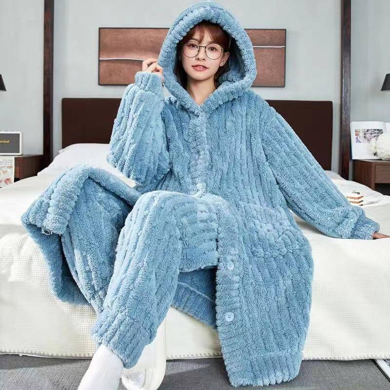 Korallensamt-Pyjama-Set für Damen, süßer und niedlicher langer Pyjama-Set für den Winter, Homewear, Pyjama mit Kapuze M von Joom DACH