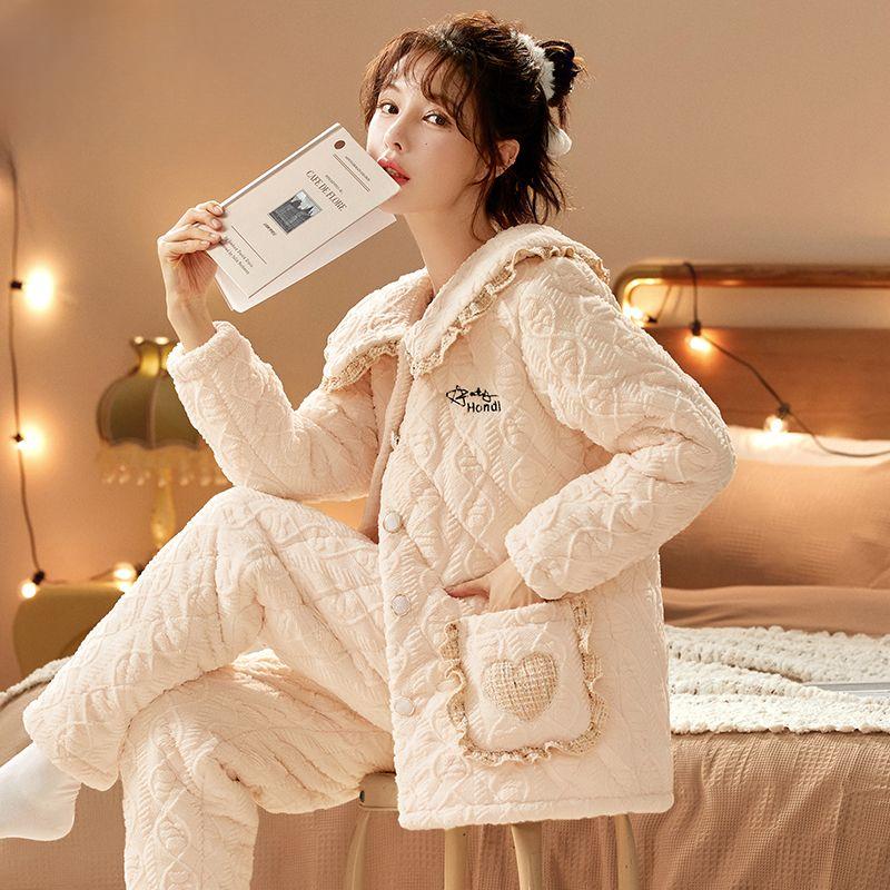 Korallensamt-Pyjama für Damen im Winter, drei dicke Steppjacken aus Flanell, koreanisches Kaschmir-Homewear-Set für Damen, kann draußen getragen werden 2XL von Joom DACH
