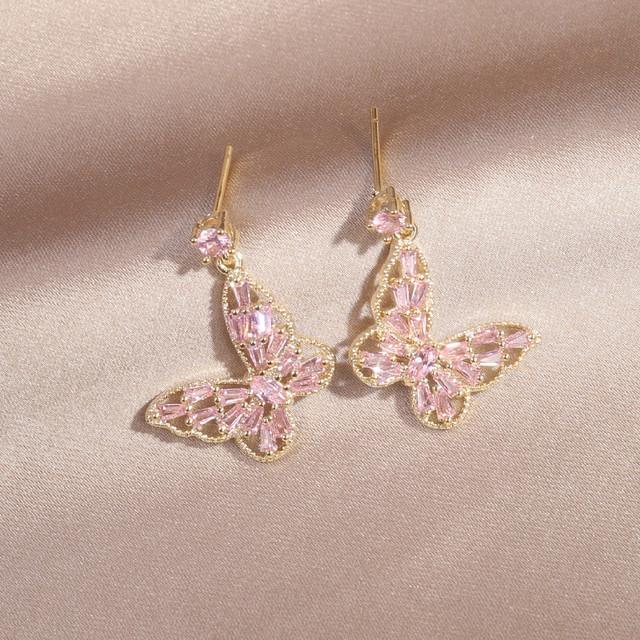 Korea   Design Modeschmuck 14K Echtvergoldung Lila Rosa Zirkon Schmetterlings-Ohrringe Süßes Mädchen Damen Alltags-Ohrringe rosa von Joom DACH