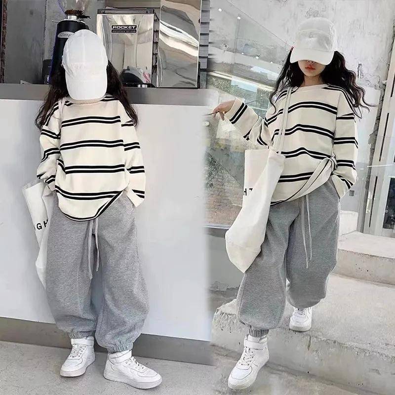 Korea Stil Einfache Kinderkleidung Mädchen 2-teiliges Set Kleidung Langarm Gestreift+Lockere Hose Outfits für Teenager Mädchen 6 8 10 12 14J 150 grau von Joom DACH