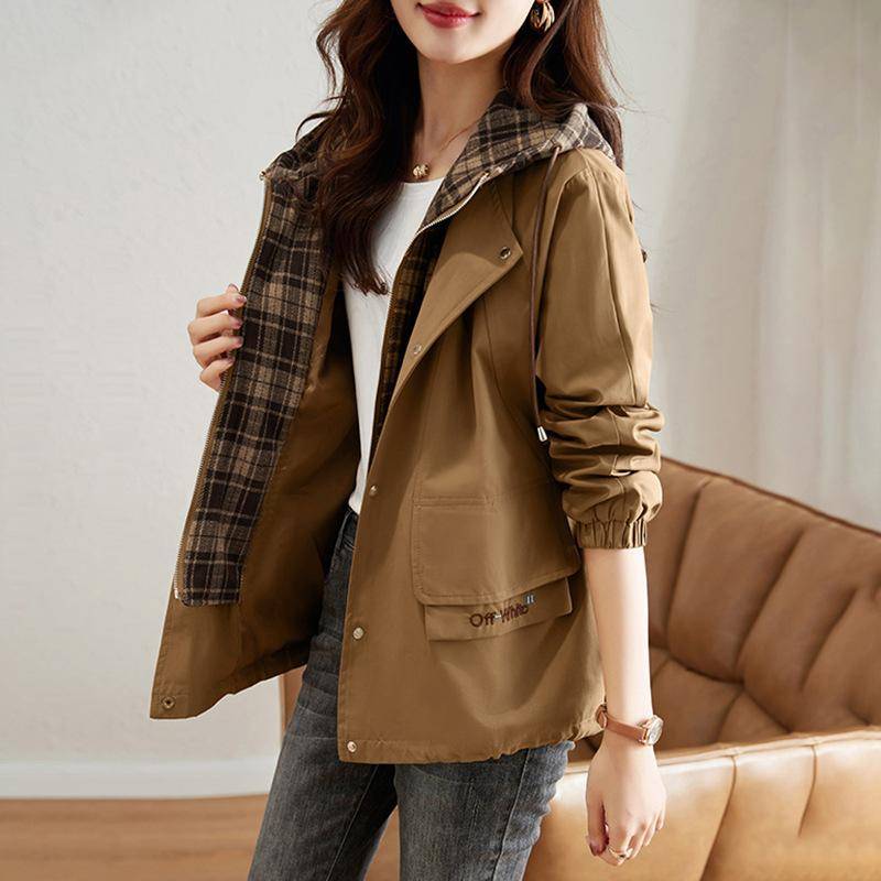 Korean Fashion Kurze Kapuze Windjacke Langarm Lose Beiläufige Outwear Mäntel Frauen Herbst Trenchcoat Frau XL khaki von Joom DACH
