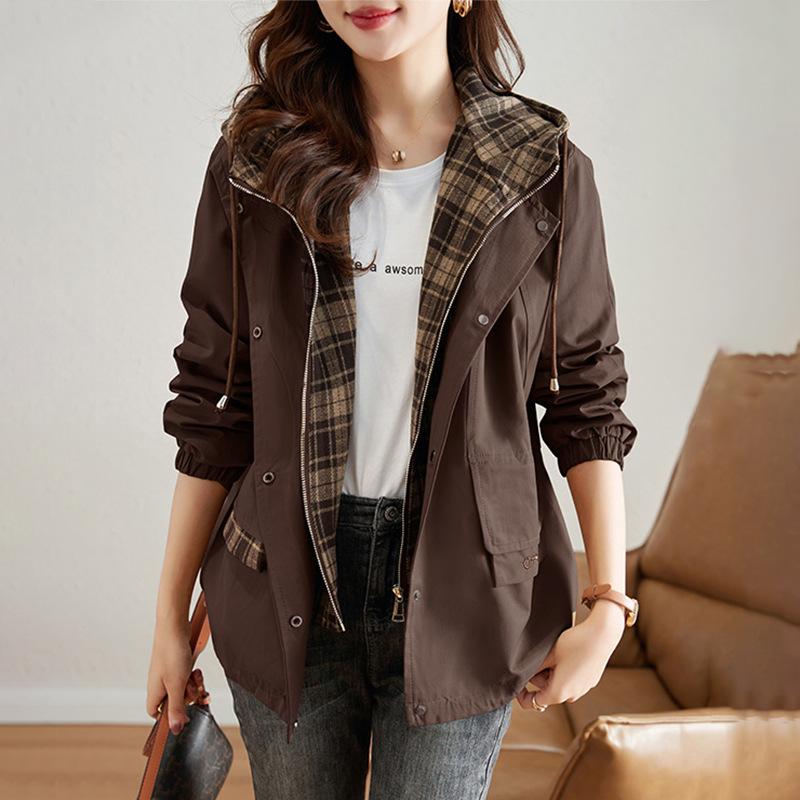 Korean Fashion Kurze Kapuze Windjacke Langarm Lose Beiläufige Outwear Mäntel Frauen Herbst Trenchcoat Frau XL kaffeebraun von Joom DACH